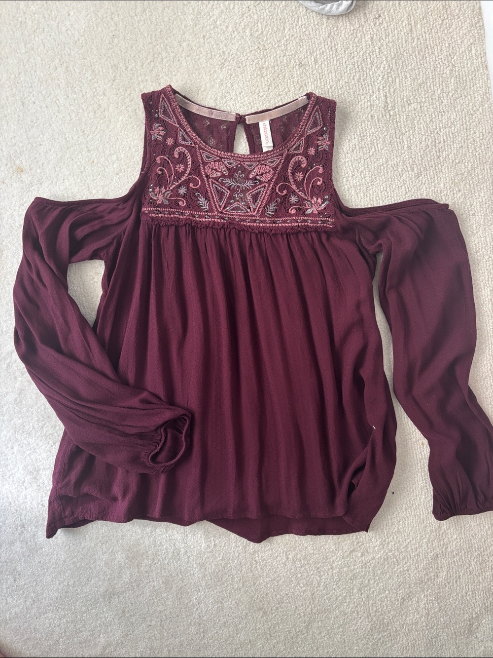 Xhilaration Burgundy Embroidered Cold-Shoulder Blouse